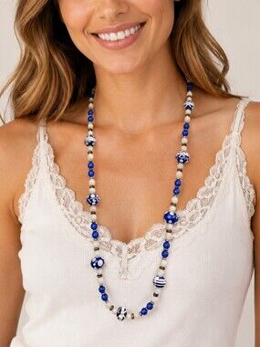 HANDMADE Chalcedony Moonstone Lampwork Beaded Artsy Opera Necklace